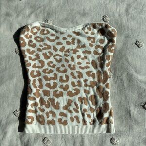 Express Off-the-Shoulder Leopard Sweater - Brown and White